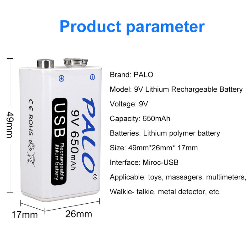 Batteria ricaricabile PALO 9V 650mAh 6F22 Micro USB 9v batterie al litio agli ioni di litio per microfono multimetro giocattolo telecomando KTV