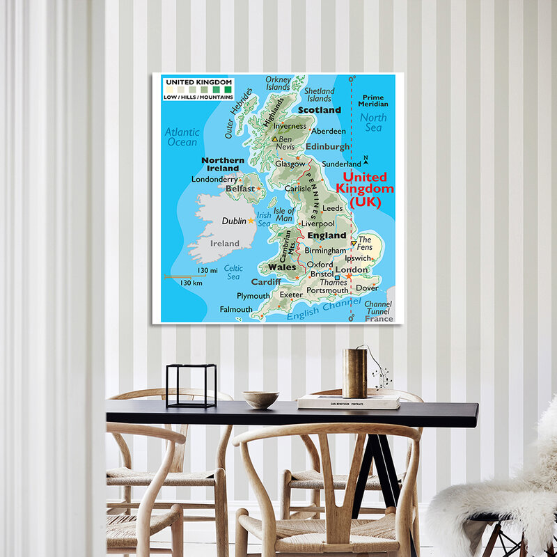 Mapa del terreno del Reino Unido, lienzo de vinilo, pintura de pared grande, póster para aula, decoración del hogar, suministros escolares, 150x150cm