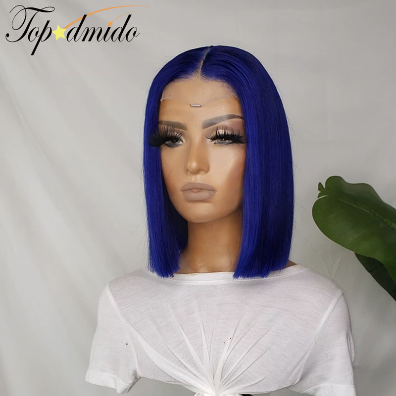 TOPODMIDO-Peluca de cabello humano peruano Remy para mujer, postizo de encaje frontal, corte Bob, Color azul, 13x4
