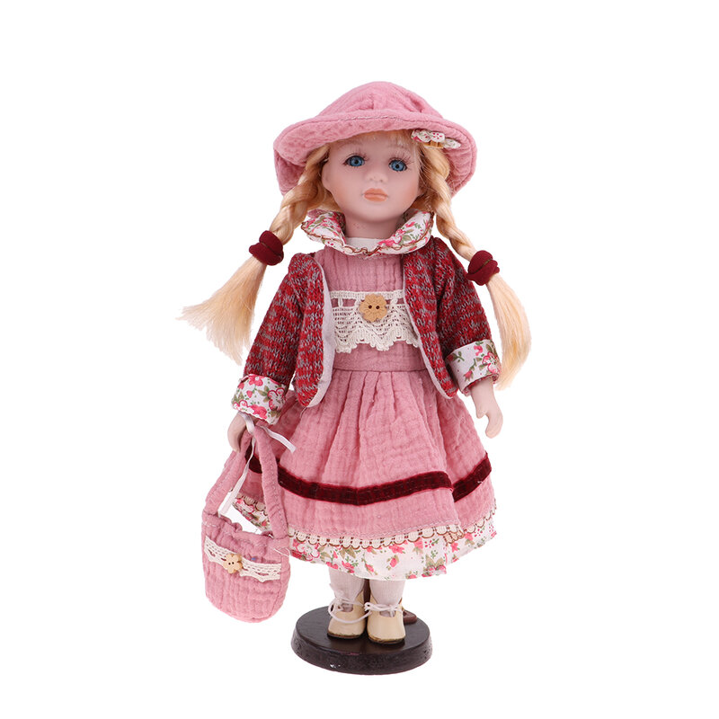 30cm Porcelain Doll Vintage Girl People Figure with Pink Dress Handbag Suit Collectible