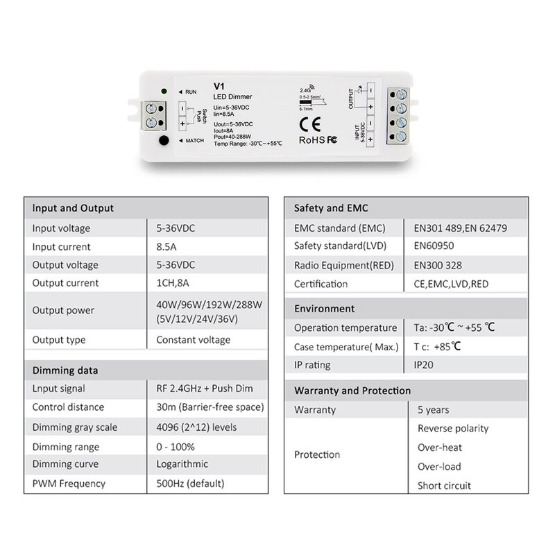 Regulador de intensidad LED inalámbrico, interruptor RF de 12V, 5V, 24V, 36V, 8A PWM con control remoto táctil de ajuste de brillo de 2,4G para tira LED de un solo Color V1