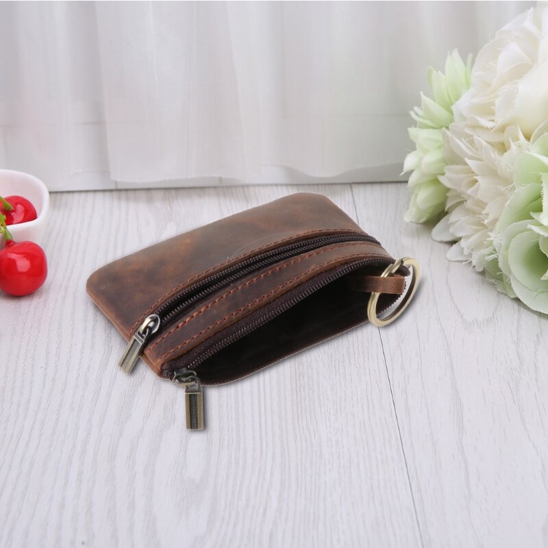Women Men Retro Cowhide Slim Key Purse Zipper Around Wallet Solid New Fashion Unisex Handbag 11.5x7.5cm