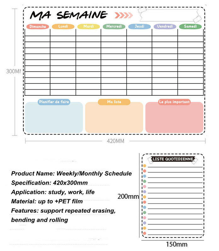 Planificador semanal mensual magnético, tabla de calendario de borrado en seco, pizarra blanca, horarios, pegatina de nevera, tablero de mensajes, 420x300mm