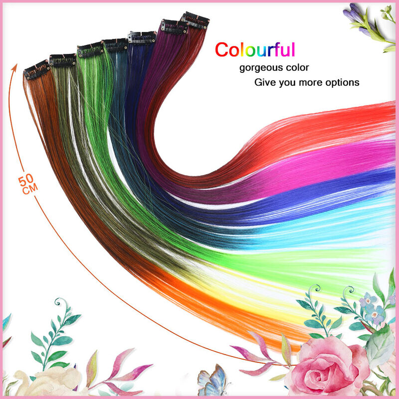 Clip per estensioni dei capelli per tutti i capelli di colore dritto lungo In evidenza fili di capelli sintetici rosa a strisce di capelli arcobaleno su Clip