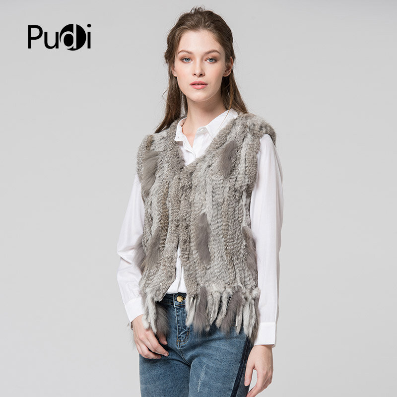 PUDI-Real Rabbit Fur Vest para Mulheres, Colete de malha, Gilet artesanal, vestuário sem mangas, casaco de pele natural, jaqueta feminina, VR031
