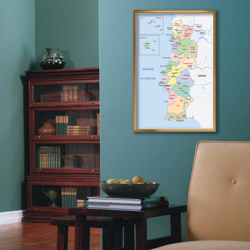 Póster de arte de pared de mapa política de Portugal, pintura en lienzo, suministros escolares, decoración del hogar de la sala de estar, 42x59cm