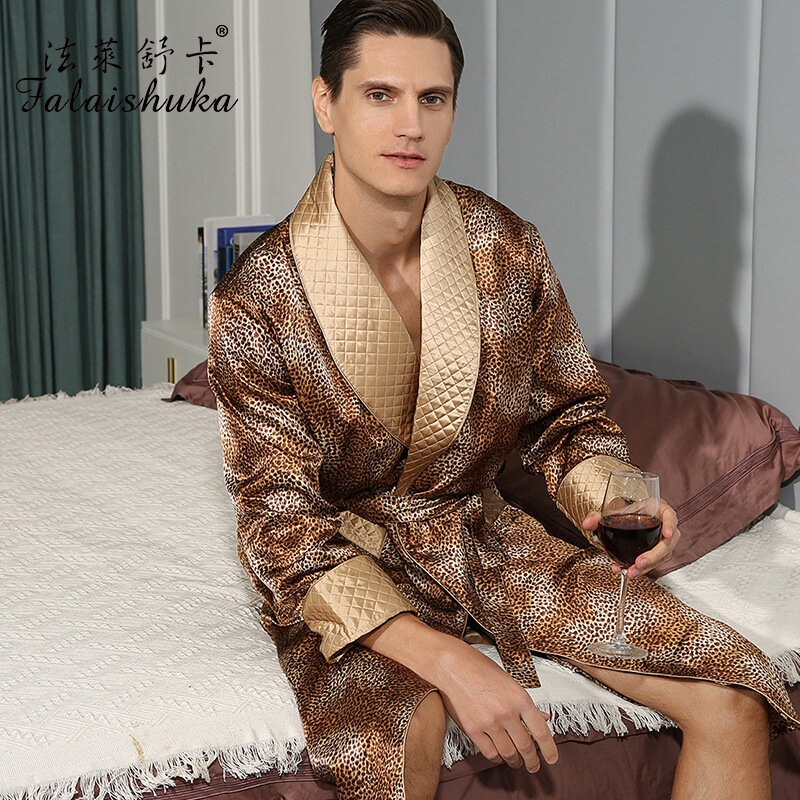 22 momme zagęścić 100% prawdziwy jedwab długi szlafrok mężczyźni Noble suknia ustawia mężczyźni elegancja sexy Leopard czysty jedwab morwowy szaty S5679