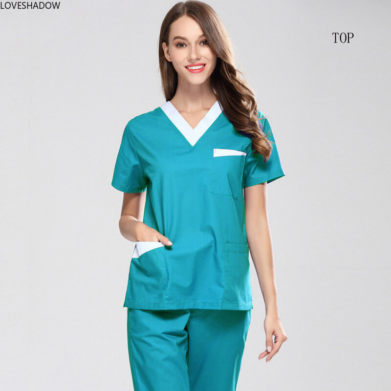 Pure Cotton Color Blocking Scrub Top Doctor Nurse Vet Medical Uniforms Short Sleeve V Neck Side Vent Shirt with Big Pockets
