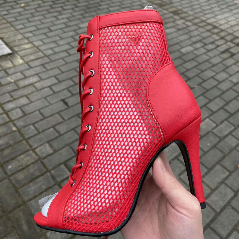 Новые Сексуальные сетчатые сандалии на высоком каблуке, летние модные трендовые удобные ботинки с открытым носком, женские туфли на шпильке для джазовых танцев
