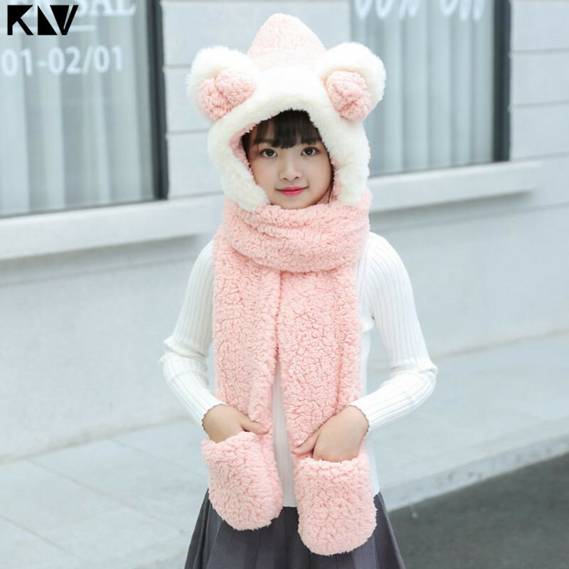 KLV Kids 3 In 1 Warm Plush Winter Hat Cute Bowknot Bear Ears Scarf Gloves Hoodie Cap