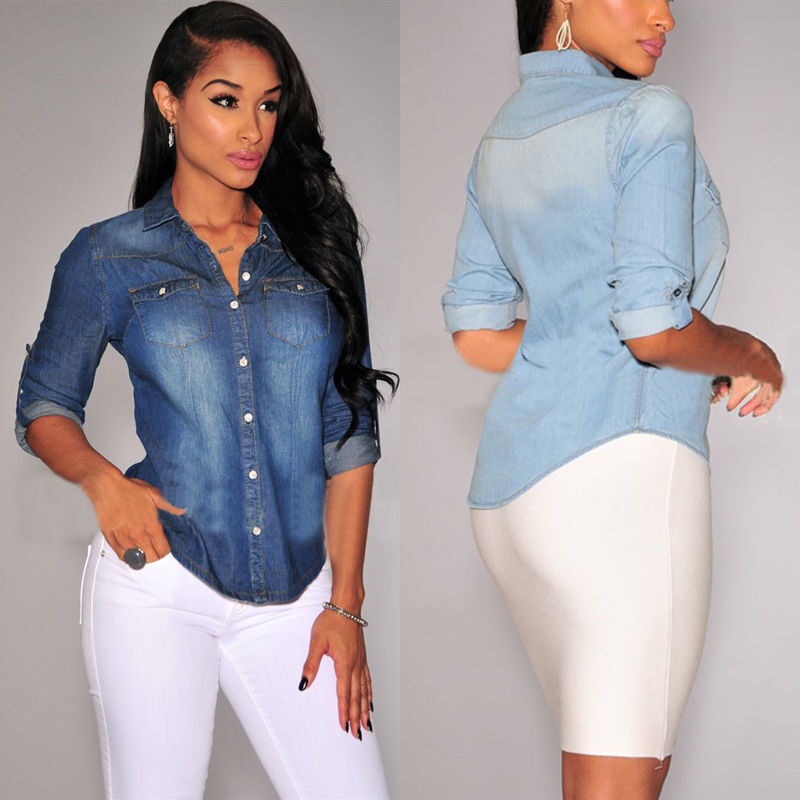Womens Retro Blue Jean Soft Denim Long Sleeve Casual Shirt Tops Blouse S-XL Fashion Summer Fall Clothes Streetwear
