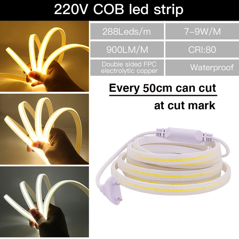 COB LED Strip 220V Dekorasi Luar Ruangan Tahan Air 288 Leds/M RA 80 Kecerahan Tinggi 3000K 4000K 6000K Pita Fleksibel Lampu FOB