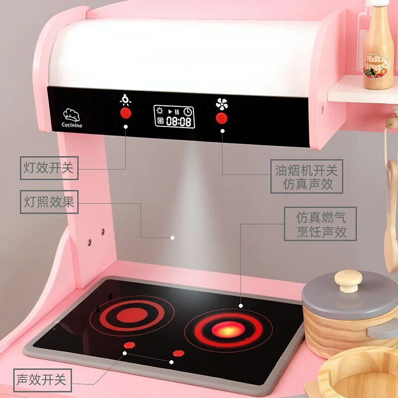 Birthday Holiday Gift 85cm New Wooden Simulation Girl Toys Pretend play set Kitchen Cooking House Table Music Light Sound Toys
