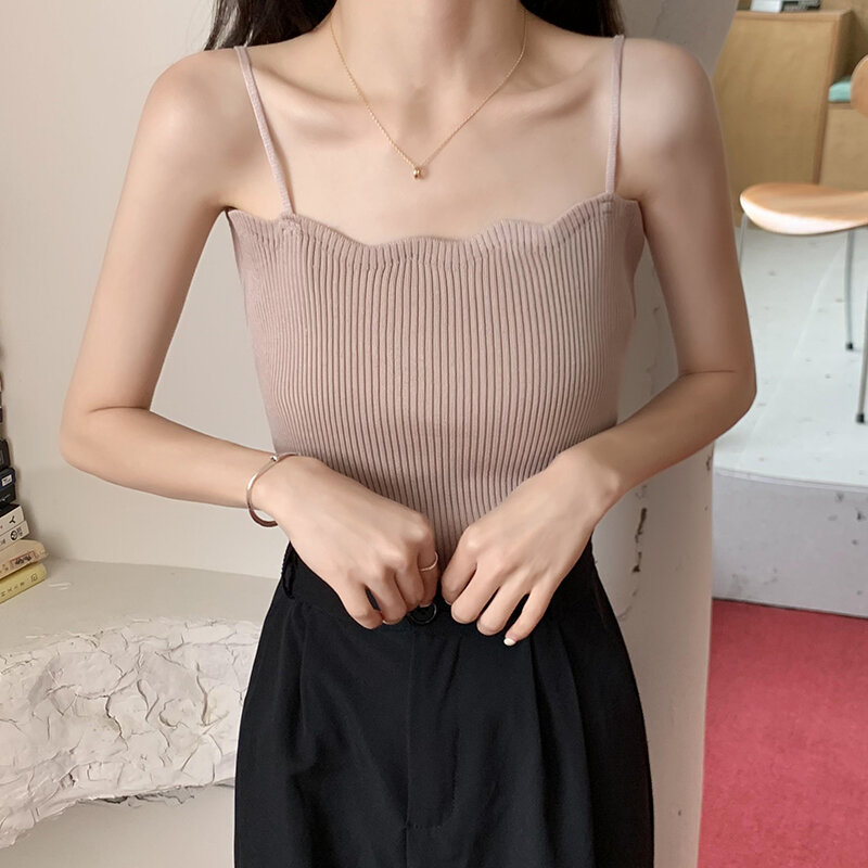 Pearl Diary Autumn And Winter  New Korean Knitted Small Camisole Short Base Shirt Women's Sexy Solid Sling Top