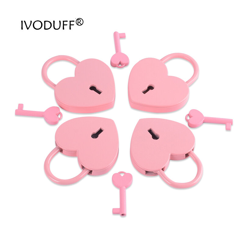 Ivoduff 작업 하트 잠금 장치, 핑크 색상 키, 핸드백 장식, 웨딩 장식 호의