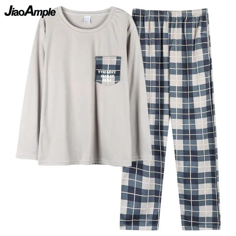 Pijamas de algodón de manga larga para hombre, conjunto de ropa de dormir de dos piezas, holgado, informal, Otoño, 2021