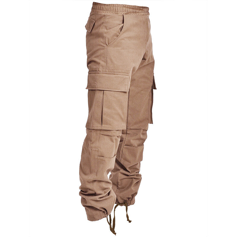 Calças masculinas multi-bolso do exército, calça casual, comprimento total, militar, calças táticas de carga, elástico na cintura, sólido, masculino