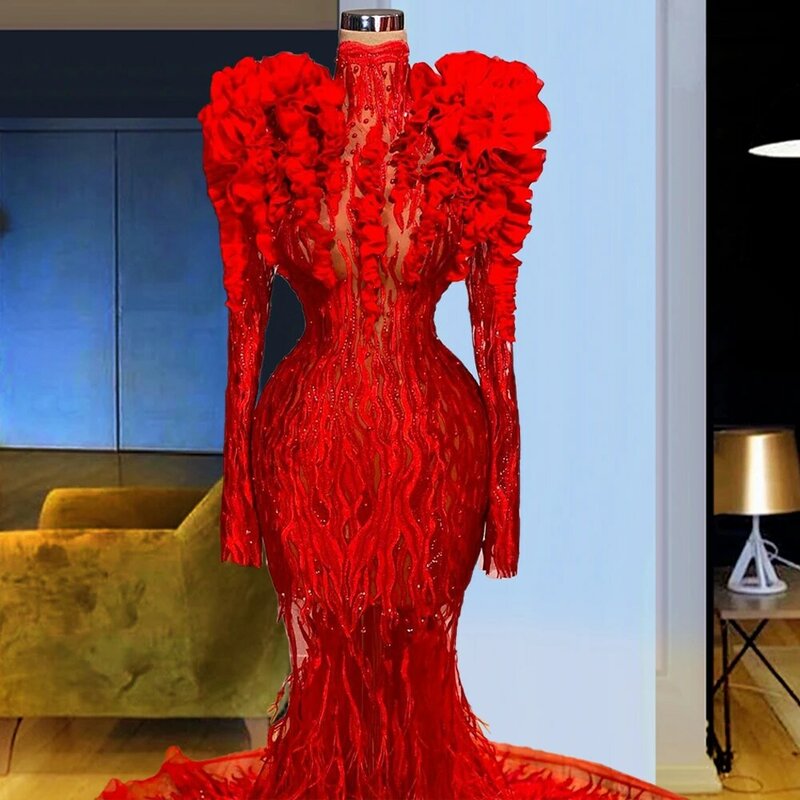 Mermaid Red Evening Dresses Luxury 2024 robe longue soirée Long Sleeves Beaded Lace Ruffles Wedding Party Gown vestidos de noite