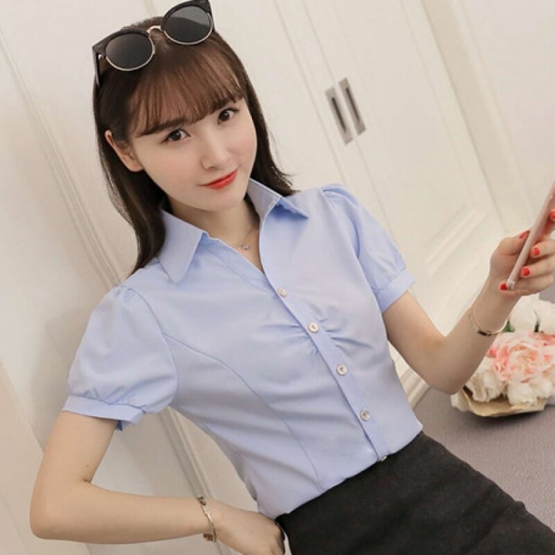 Large Size 5XL Summer Women Office Lady Formal Party Short Sleeve Slim Collar Blouse Casual Solid White Shirt Summer Tops