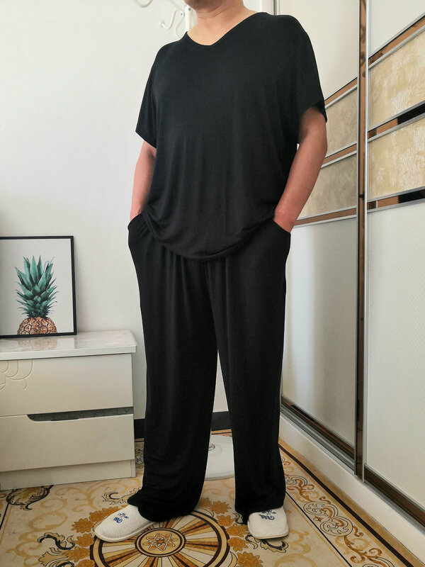 여름 용수철 플러스 사이즈 남성용 잠옷 세트, 모달 홈웨어 세트, 부드러운 캐주얼 수면복, 반팔 상의 및 긴 바지, 8XL, 170kg