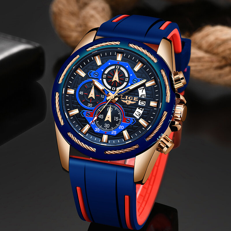 LIGE-남성용 럭셔리 실리콘 스트랩 시계, 최고 브랜드 비즈니스 쿼츠 시계, 남성 밀리터리 스포츠 시계