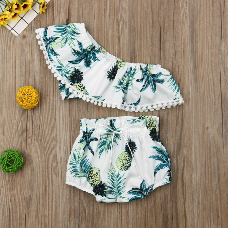 Małe dziewczynki druk ananasowy Bikini Set wzburzyć krótkie bluzki spodenki figi strój dziecięcy dwuczęściowy letnie modne stroje kąpielowe kostiumy kąpielowe
