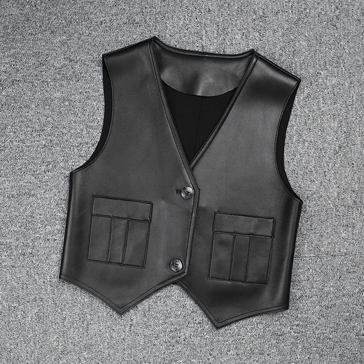 2021 New Style Women's Casual  Genuine Leather Vest With Pocket