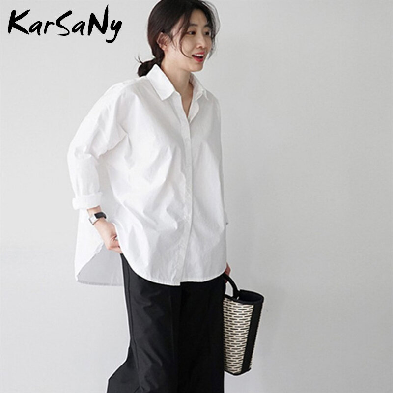 KarSaNy-Camisa de algodón holgada para mujer, Blusa de manga larga para oficina, color blanco, talla XL