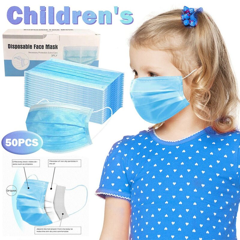 50/100 máscara protetora descartável dos pces 3 camadas dustproof máscaras protetoras da capa do lenço impedem anti-poluição as máscaras faciais das crianças