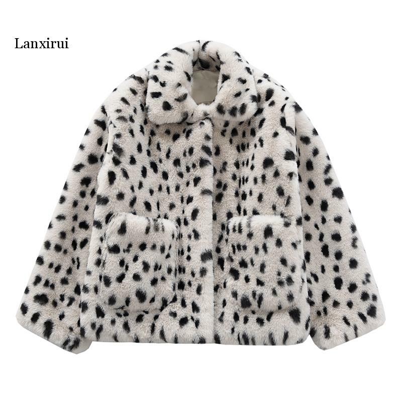 Mulher bege casaco de pele do falso outwear botão quente grosso turn down collar bolso leopardo