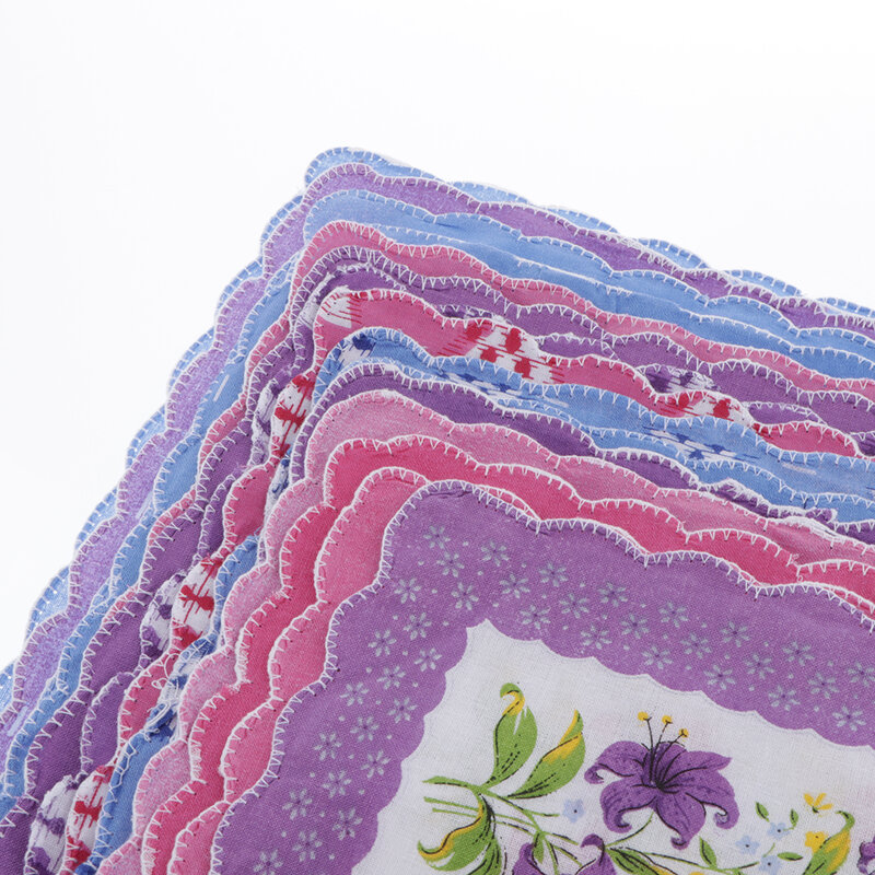 POCKET Square Hanky สีม่วง Whith15pcs สตรี VINTAGE Floral พิมพ์ผ้าฝ้ายผ้าเช็ดหน้า