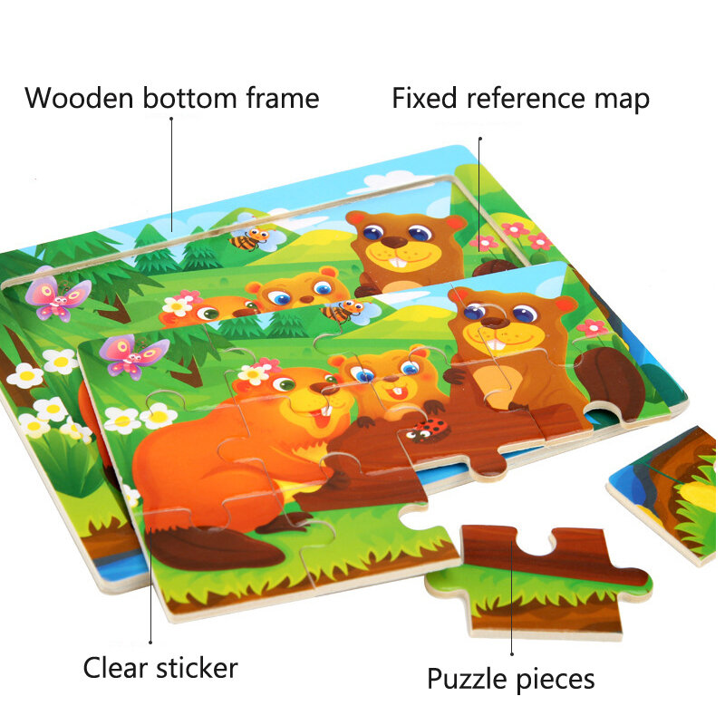 3D Cartoon Animals Wooden Puzzle for Kids, Cognitive Jigsaw, Baby Educational Toys, 15x11cm