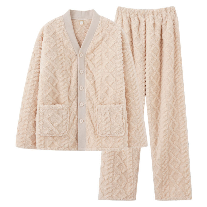 Winter Plush Velvet Warm Pajamas Couples Long-Sleeve Sleepwear Coral Fleece Pijama Mujer Homme Nightwear V-Neck Cardigan Pyjamas