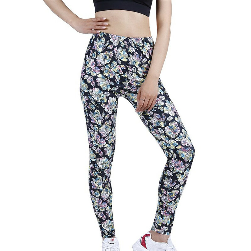 INDJXND Fitness legginsy damskie modna, patchworka z wysokim stanem elastyczna Push Up do kostek poliestrowy kwiat drukowane nowe ciuchy
