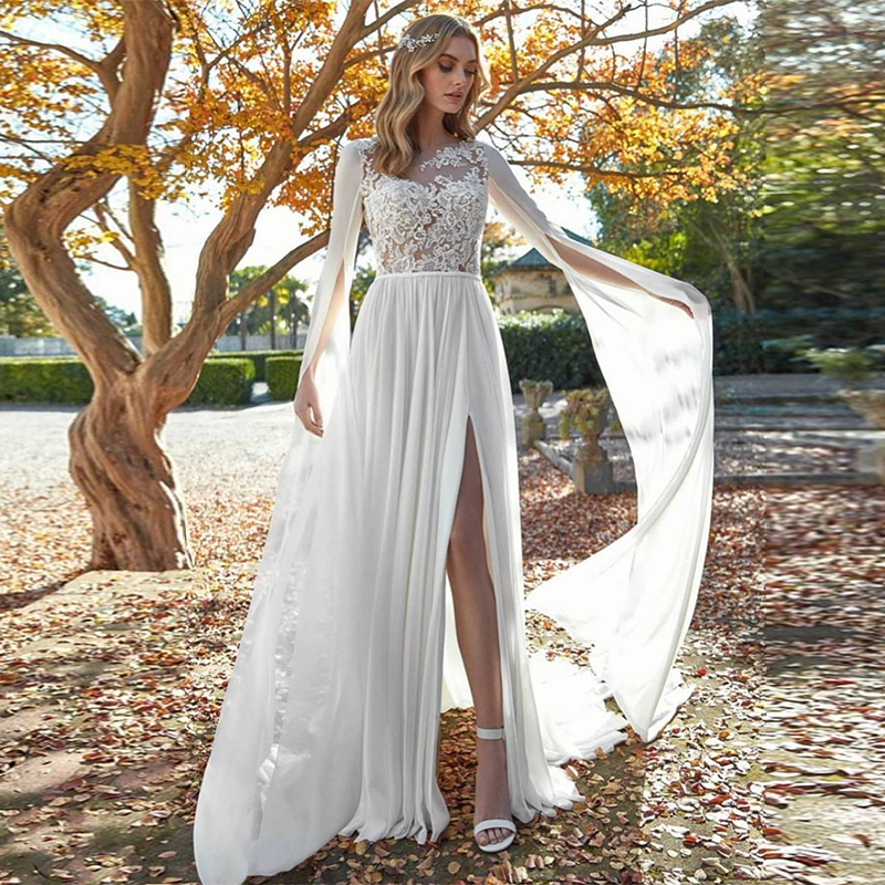 Wedding Dress Chiffon Lace Long Flare Sleeves Cape Beach Split Boho Vintage Bridal Gowns Floor Length Bohemian Vestidos De Noiva