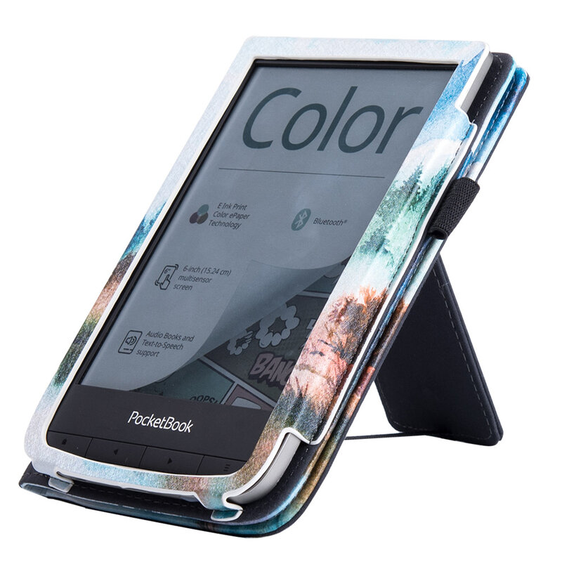 Estuche con soporte para Pocketbook Touch HD 3/Touch Lux 4 5/Basic 4/Basic Lux 2/633 Color eReader - con correa de mano y suspensión/activación automática