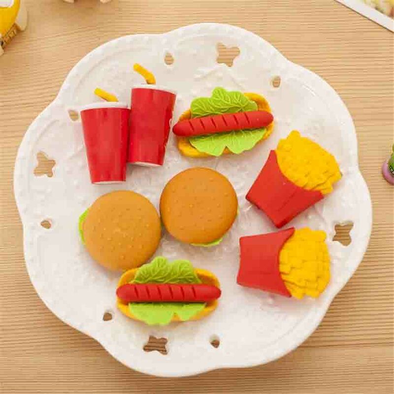 1PC Creative Food Shaped Erasers Hamburg Chips Rubber Eraser Stationery For Kids Student Pencil Eraser Office Supplies Gifts