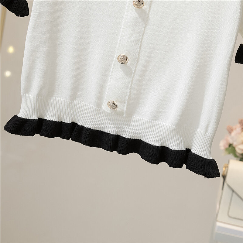 Knitting Button krótkie topy Tees Patchwork Y2k koszula odzież damska swetry Jumper sweter w paski grzyb bluzka dla dziewczynek