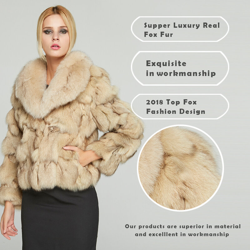 Women's Real Fox Fur Coat Luxury Big Fox Fur Collar Solid Casual Winter Thick Warm Jacket Fur Story FS010220