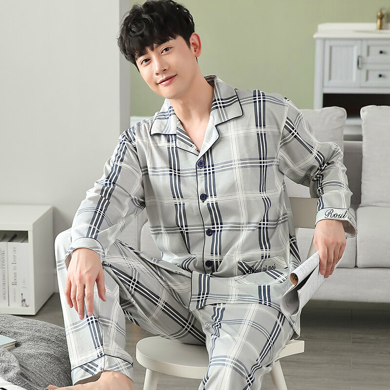 Men Pyjama Set Full Cotton Spring Long Sleeve Print Men Pajama Suit Autumn Nightwear Collar Pijama Male Sleepwear Two Piece 4XL