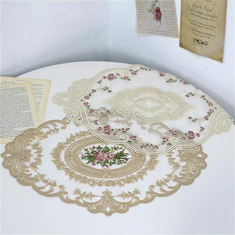 HOT European-style Lace Embroidered Oval Placemat Table Mat Bonsai Bar Pad Coffee Tea Set Wine Cup Fruit Plate Party Decoration