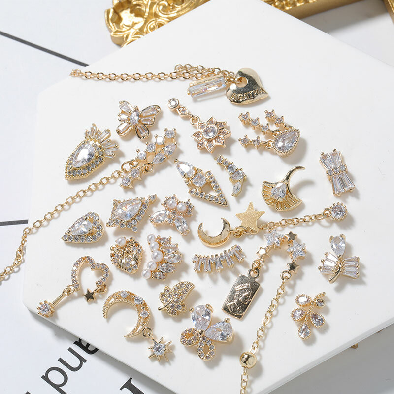 Newest 2Pieces Lot Pendant Chain 3D Alloy Butterfly Nail Art Zircon Pearl Metal Manicure Nails DIY Accessories Nail Decoration