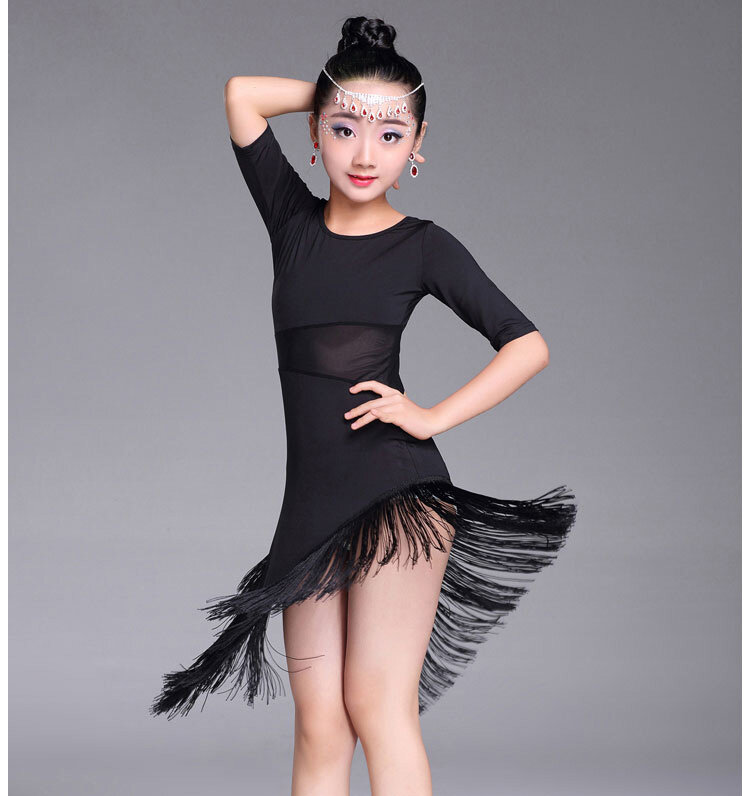 어린이 여아 라틴 댄스 드레스 프린지 라틴 댄스 의류, 살사 의상, 블랙 레드 볼룸 탱고 드레스, 판매용 신제품