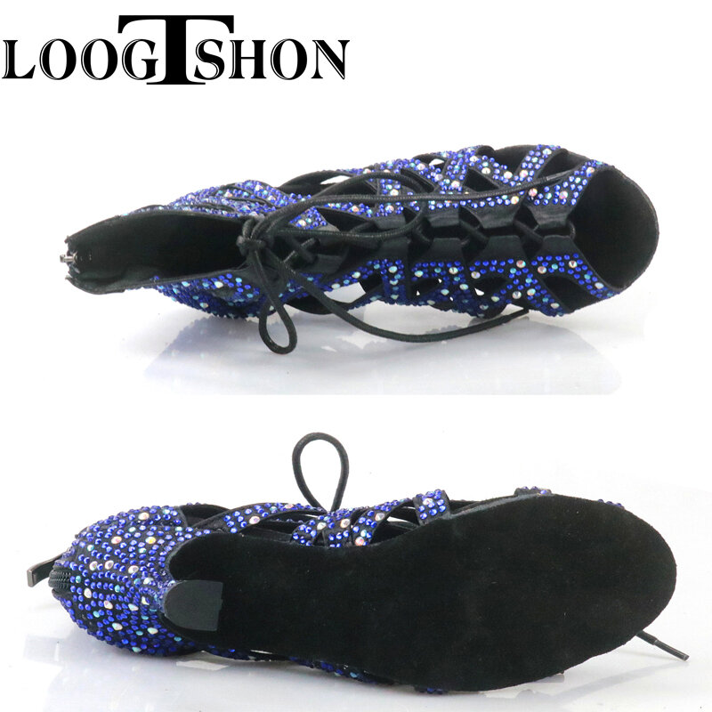 Sepatu Bot Dansa Edisi Khusus LOOGTSHON dengan Tali Silang, Tumit Putih dan Kristal 9 CM