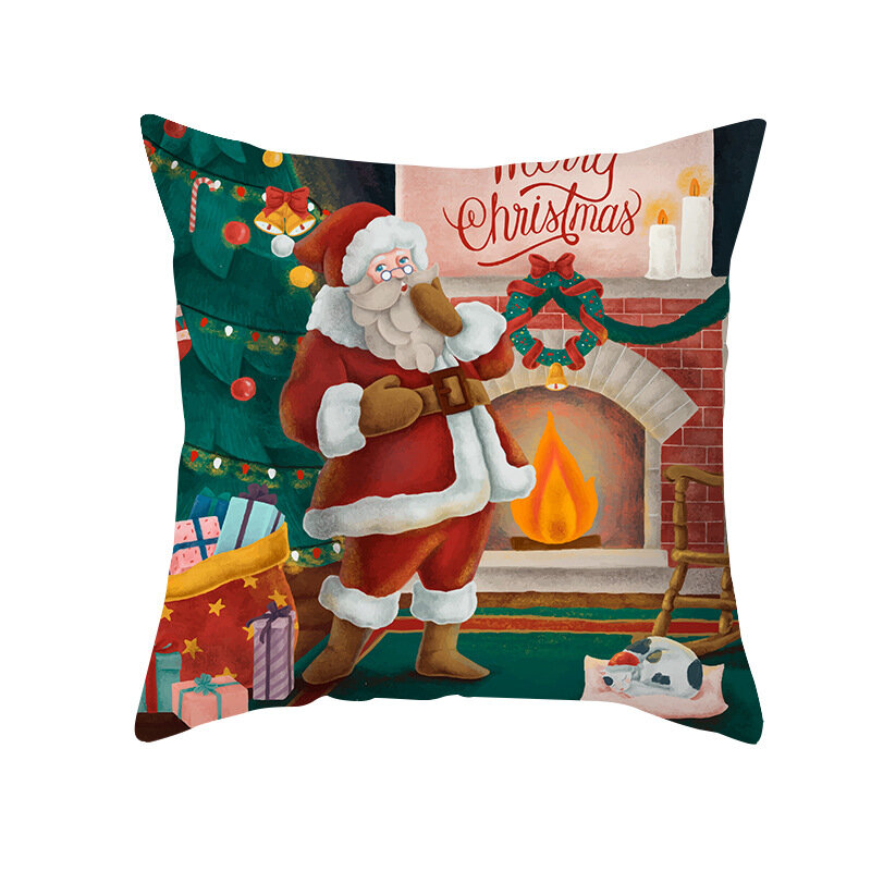 Santa Elk Pattern Holiday Decorative Cushion Cover 18x18 Inches Christmas Throw Pillow Covers Cute Cartoon Polyester Pillowcase