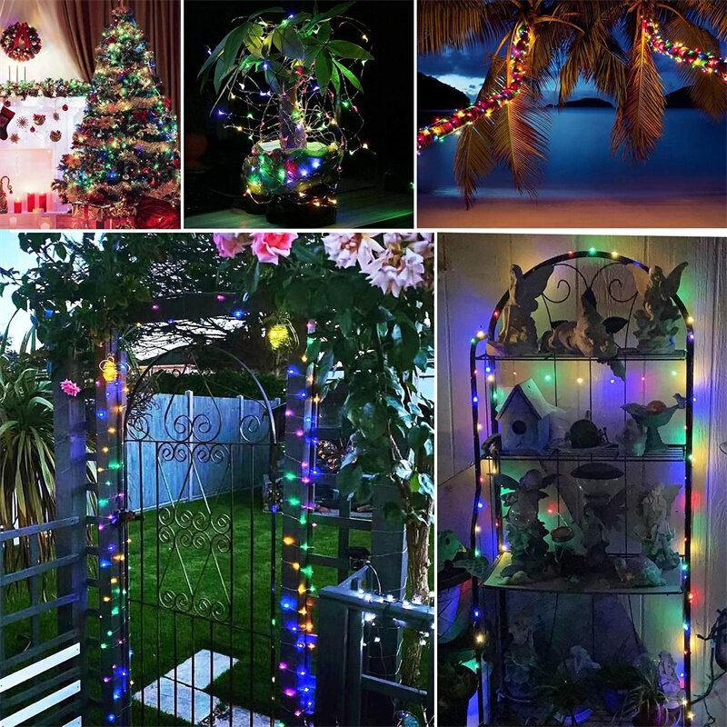 Tira de luces LED solares para jardín, lámpara impermeable de alambre plateado, 8 modos, hadas estrelladas, 22M, 200 LED