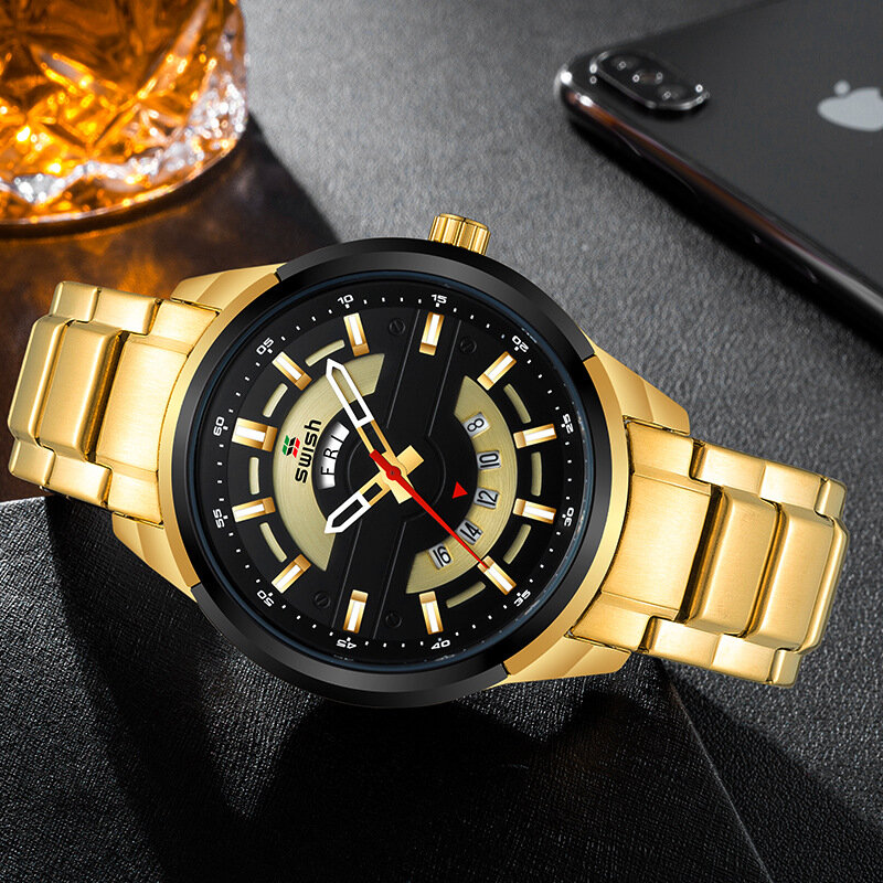 Männer Faux Gold Uhr Stahl Band Uhr Business Mann Sport Armbanduhr Geschäfts Mann Dekorationen