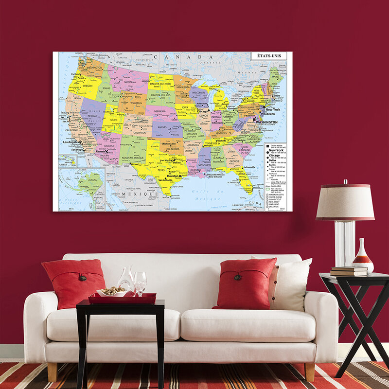 150*100cm The United States Political Map America Map Wall Poster Non-woven Canvas Painting School Supplies Home Decor In French