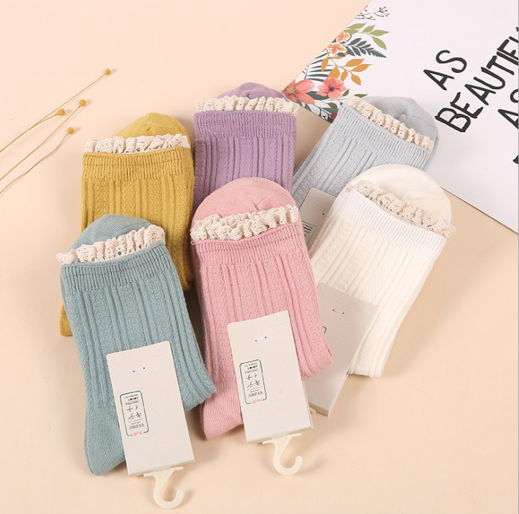 Doble aguja de encaje medio tubo calcetines japoneses retro puro color oscuro patrón Calcetines niños