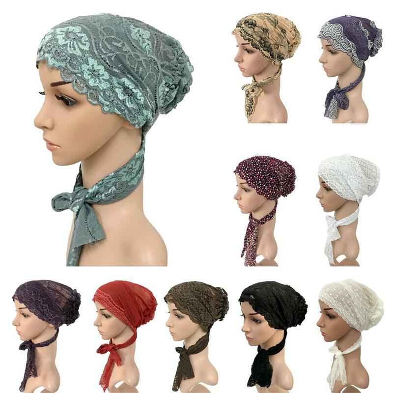 หมวกผู้หญิงมุสลิม Hijab Floral ลูกไม้ยืด Turban หมวกอิสลามอาหรับ Beanies Chemo หมวก Headwear หมวก Hijab ยาวรอมฎอนหมวกใหม่
